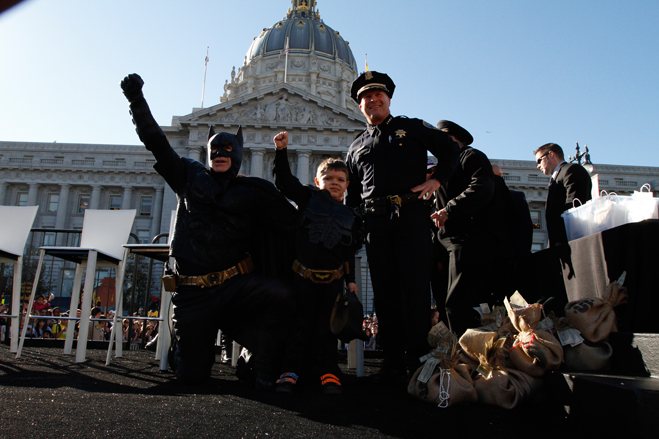 Eric Johnston as Batman and Miles Scott as Batkid.
