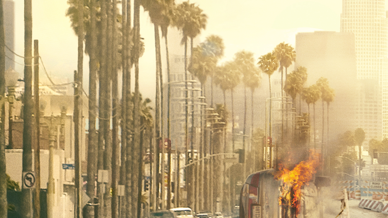 Palm trees lining a city street