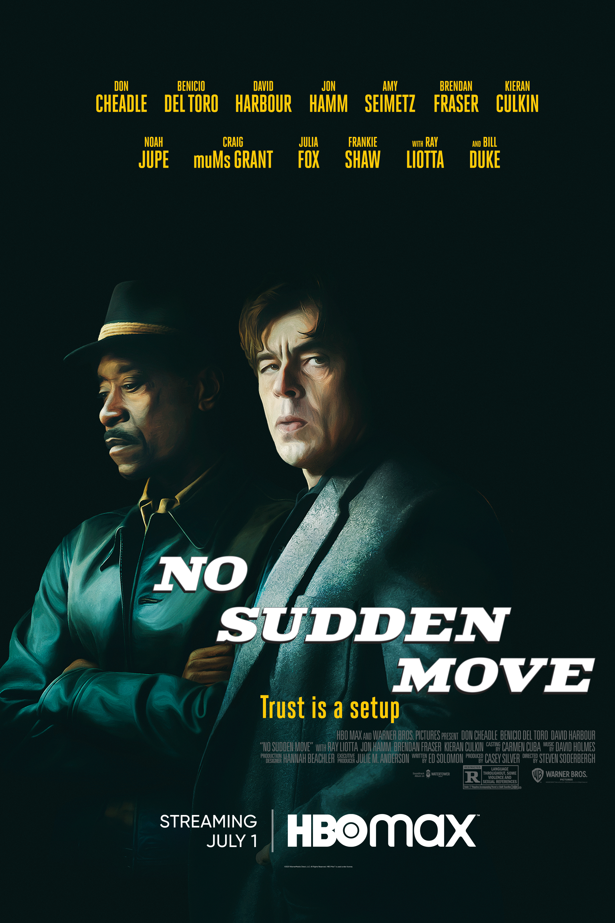 No Sudden Move - Key Art No Sudden Move - DON CHEADLE as Curtis Goynes and BENICIO DEL TORO as Ronald Russo on black bg